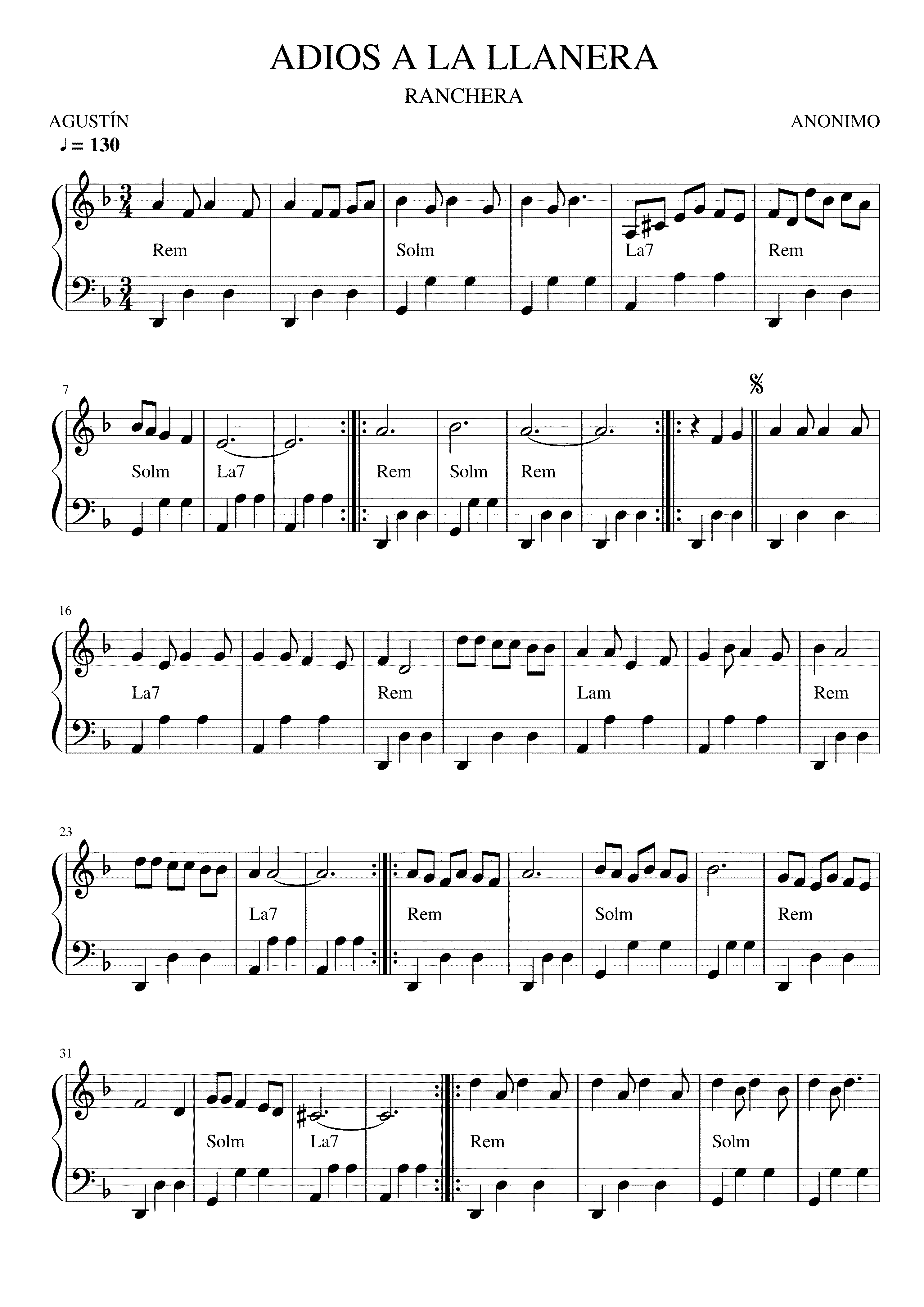 Partitura Adios a La Llanera