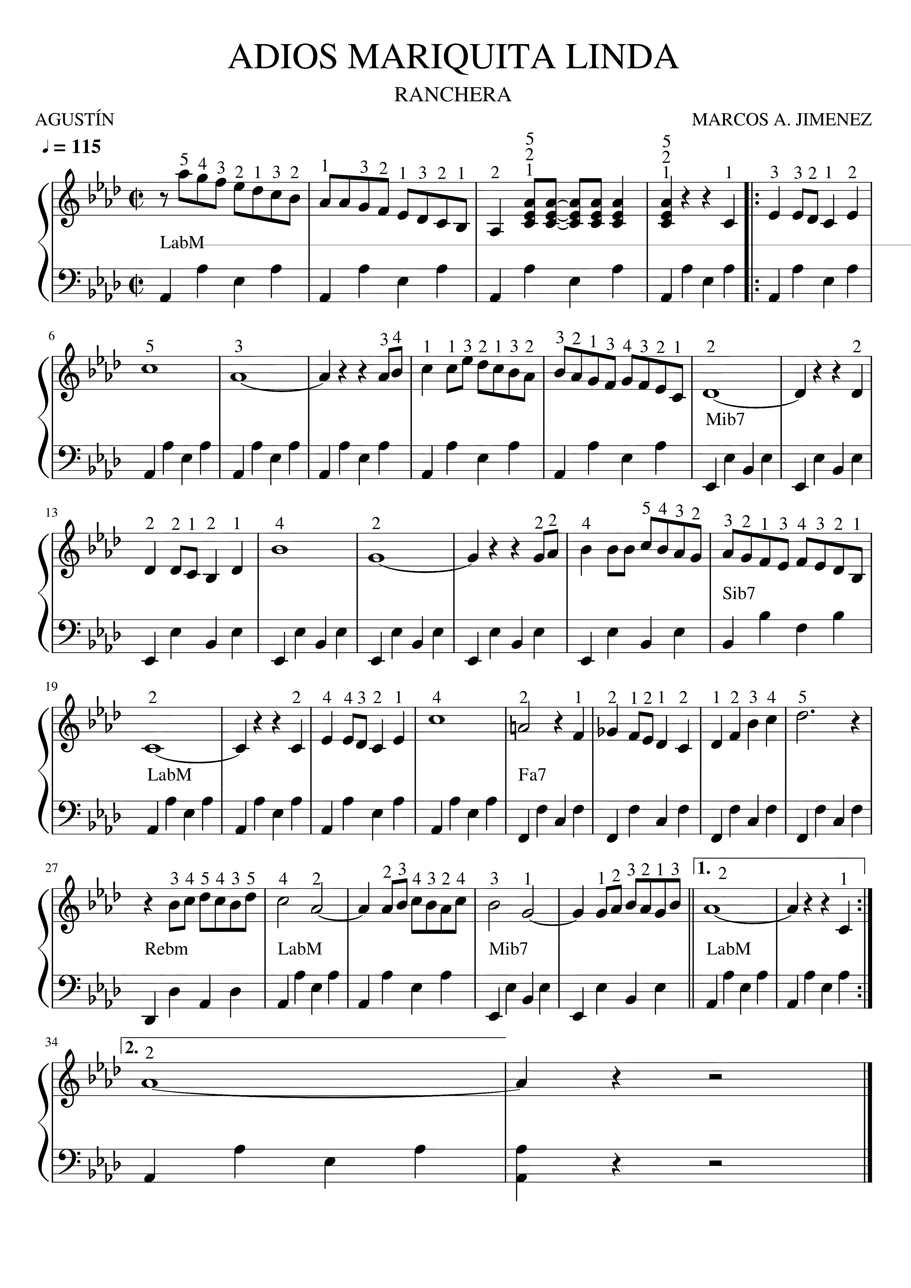 Partitura Adios Mariquita Linda