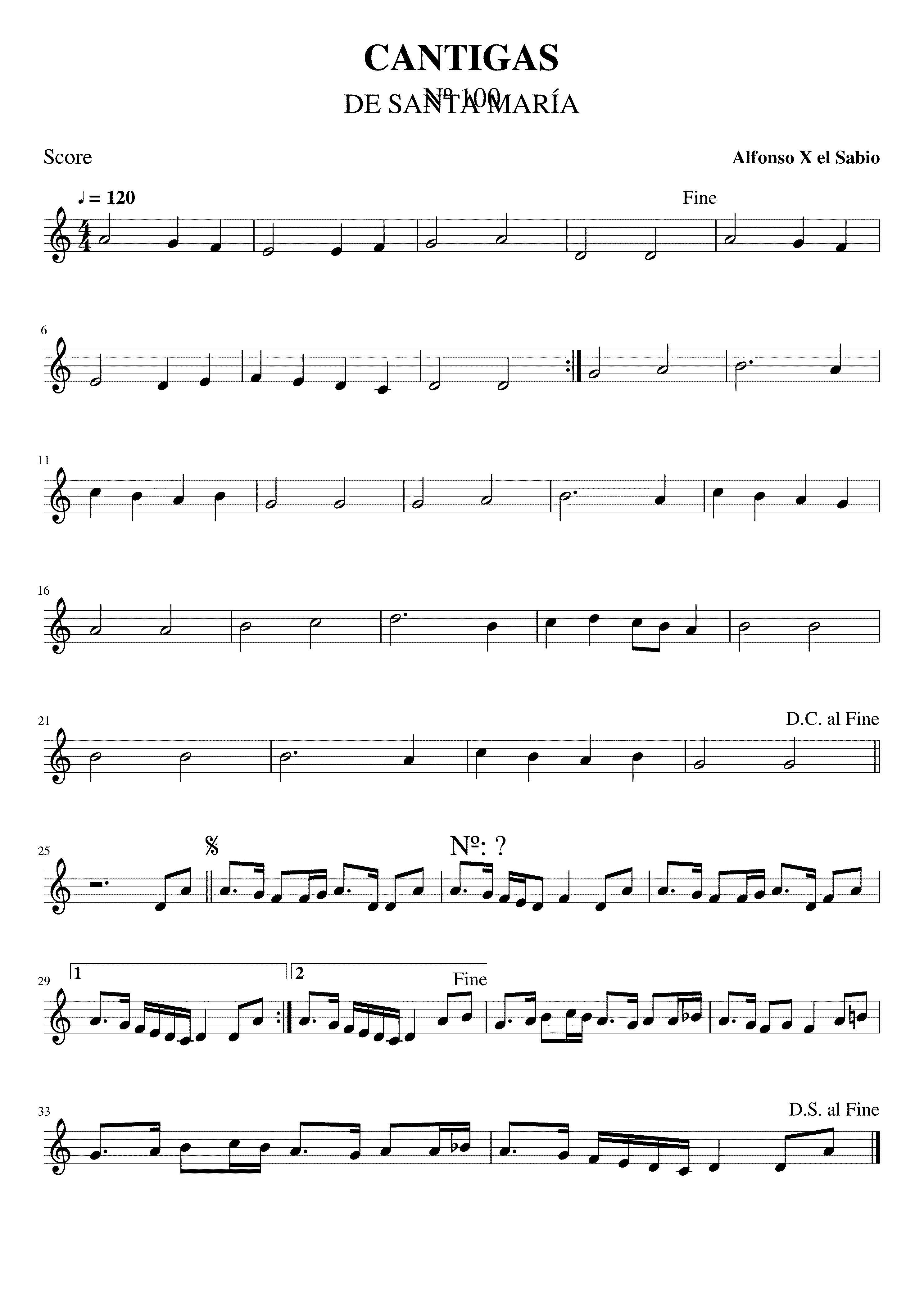 Partitura Cantiga No 100 Alfonso X El Sabio