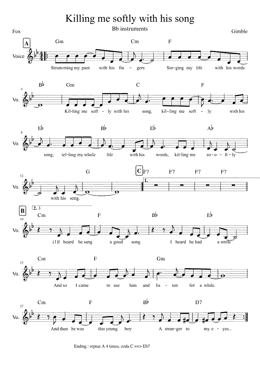 Partitura Killing Me Softly With His Song