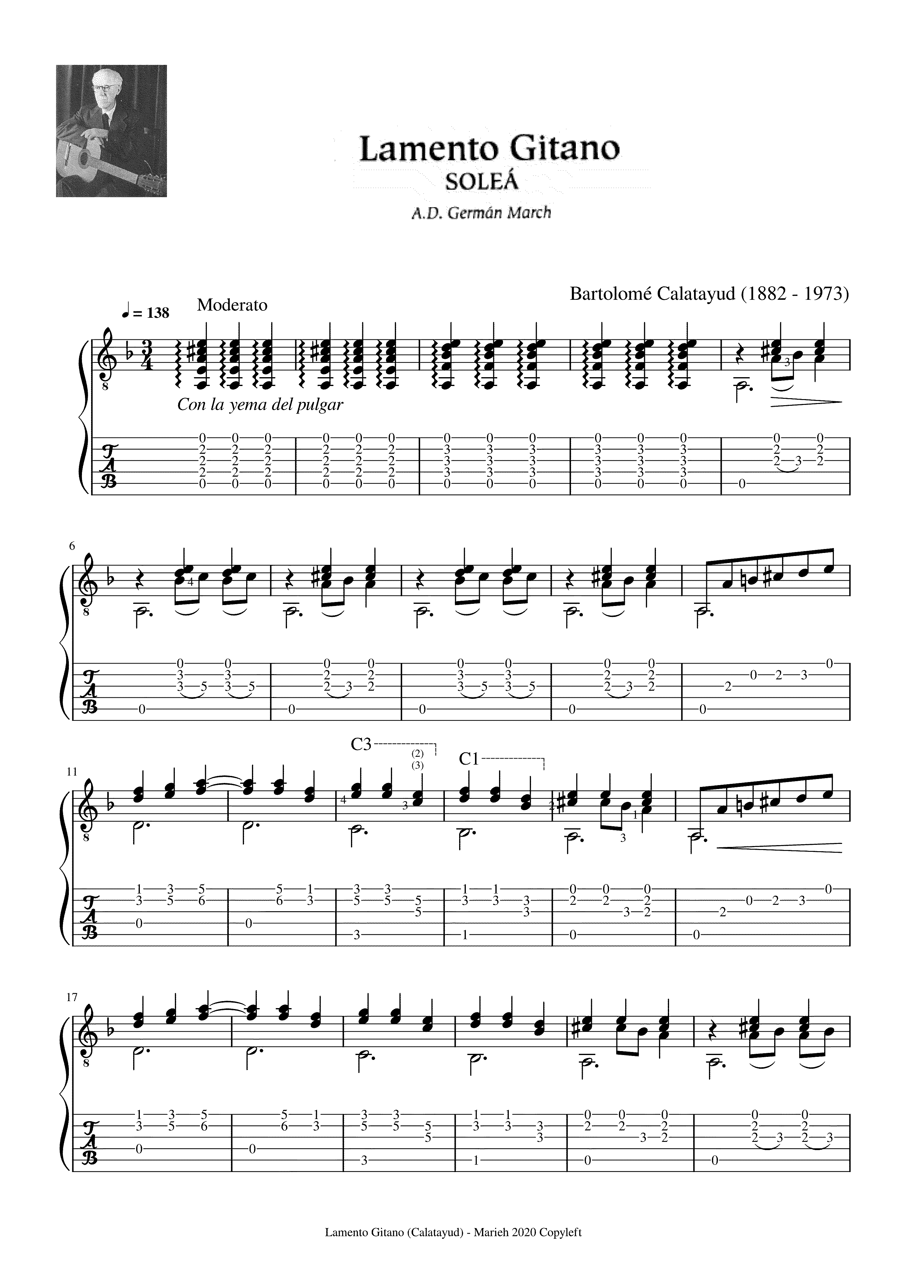 Partitura Lamento Gitano Bartolome Calatayud