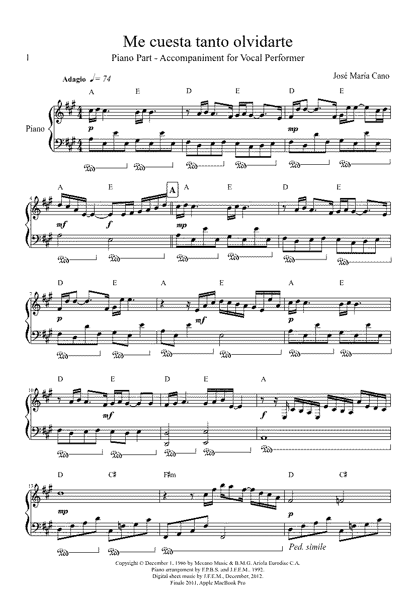 Partitura Me Cuesta Tanto Olvidarte