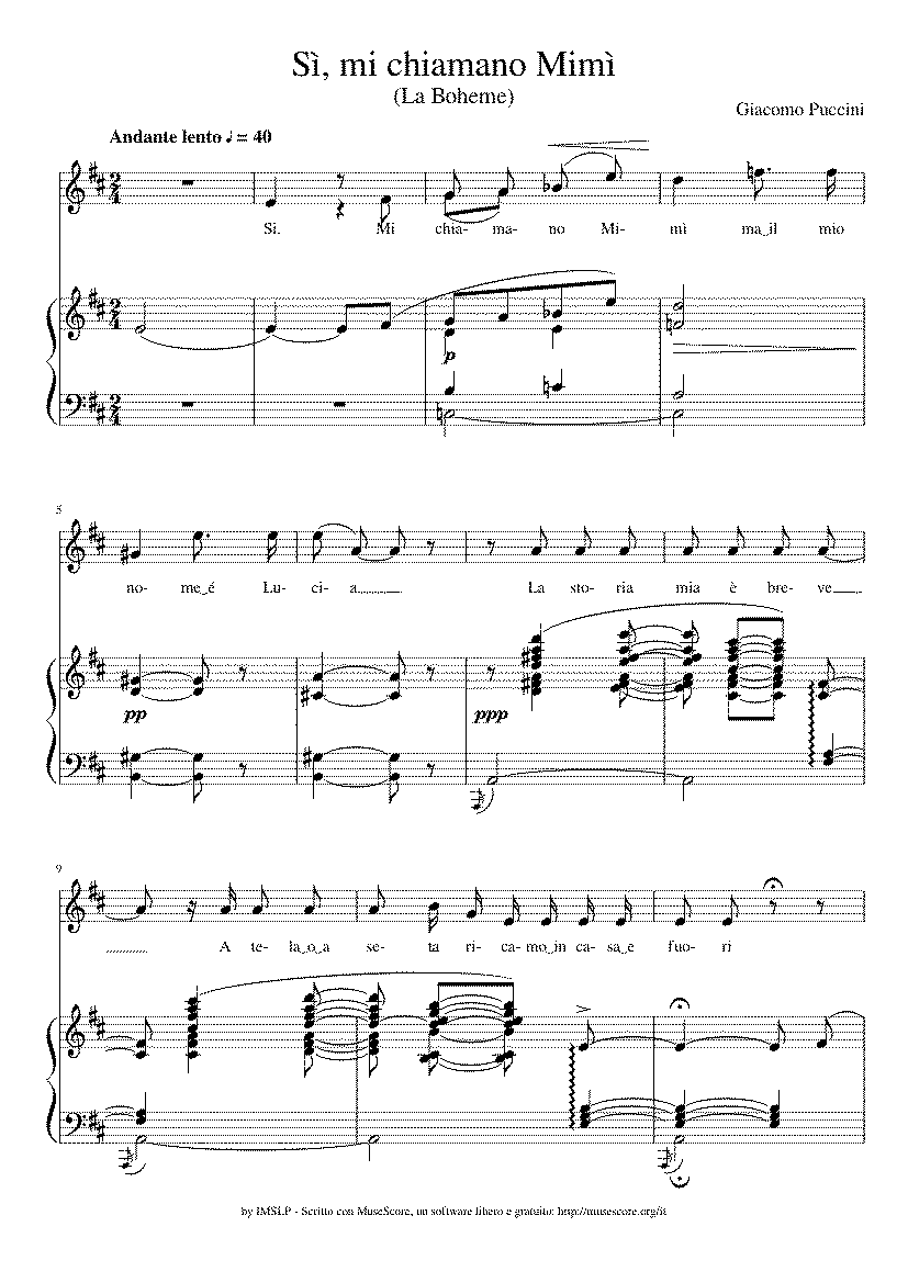 Partitura Mi Chiamano Mimi