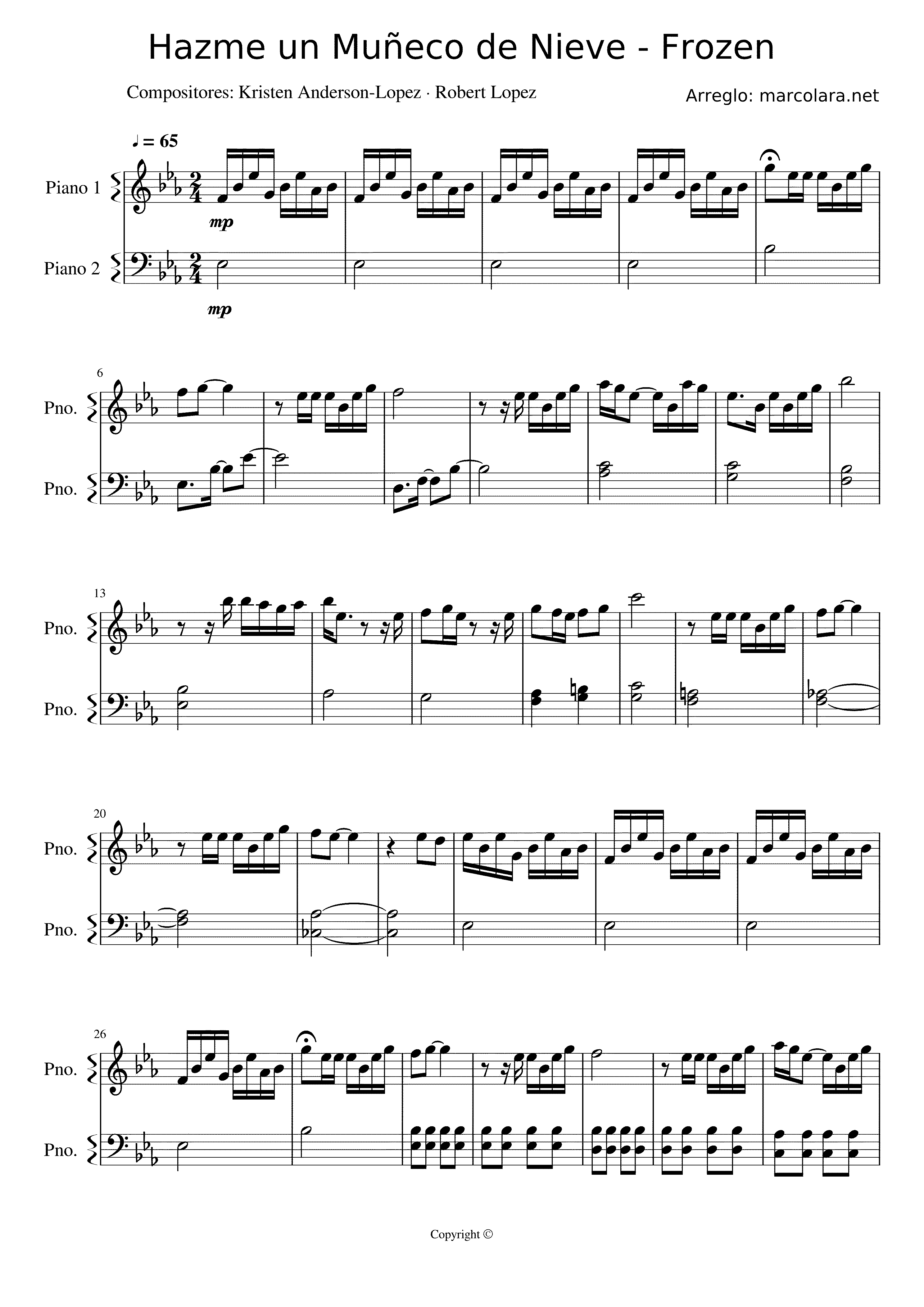 Partitura Muñeco de Nieve Frozen