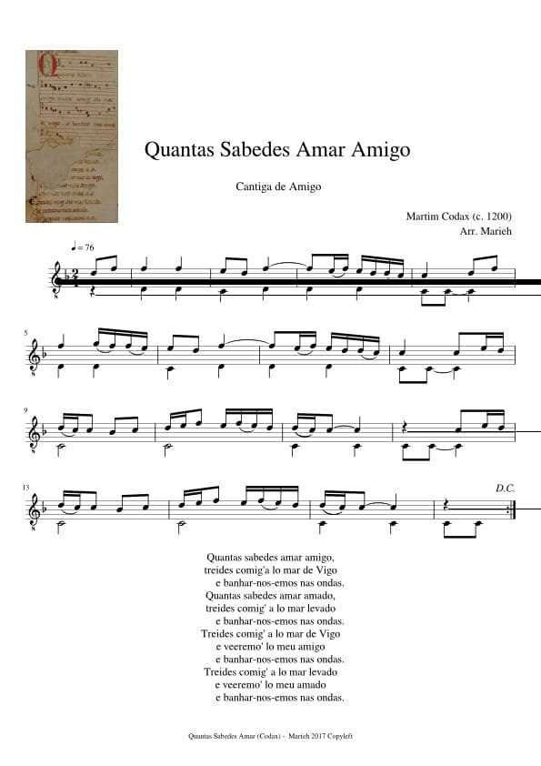 Partitura Quantas Sabedes Amar Amigo