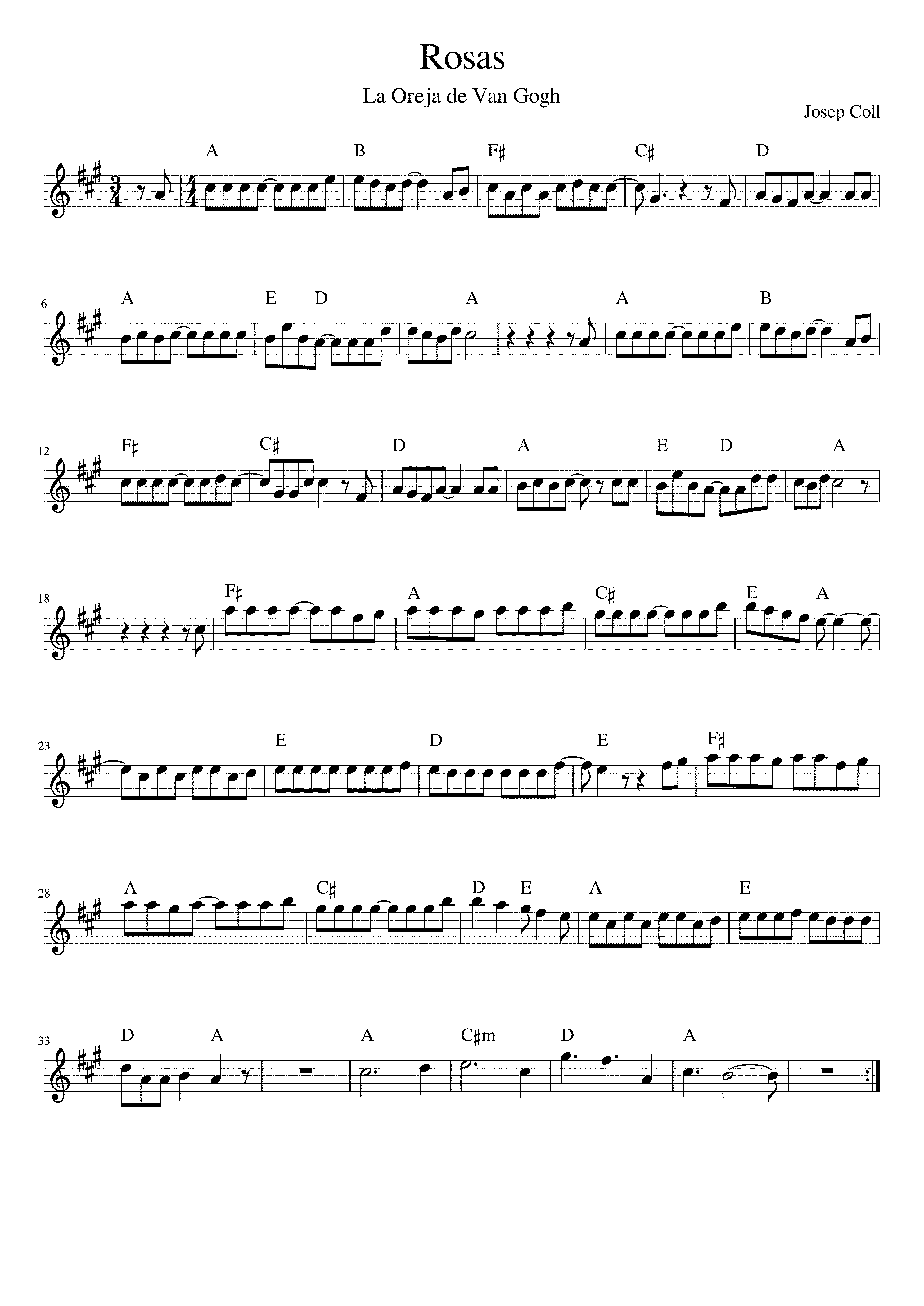 Partitura Rosas La Oreja de Van Gogh